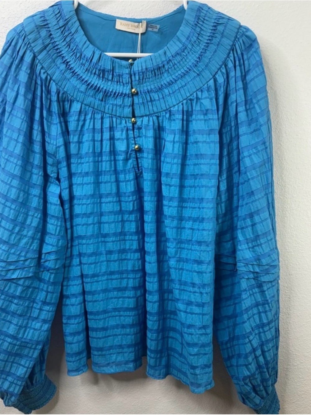 Ramy Brook Bright Blue Textured Smocked-Neck Tunic